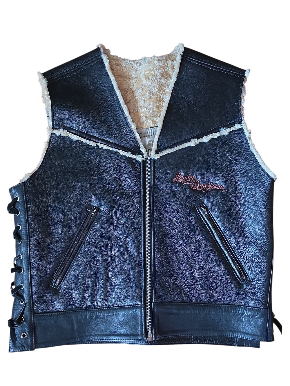HARLEY-DAVIDSON Men's Black Leather Shearling Vest EUC Medium